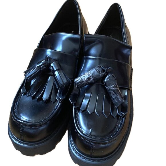 NWOT Vagabond Cosmo Black Polished Leather Chunky platform Loafer Shoes Tassel - Picture 4 of 16